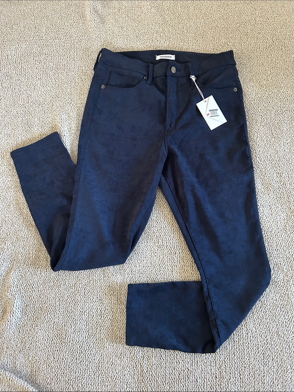 Good American Navy Slim Suede-Effect Pants